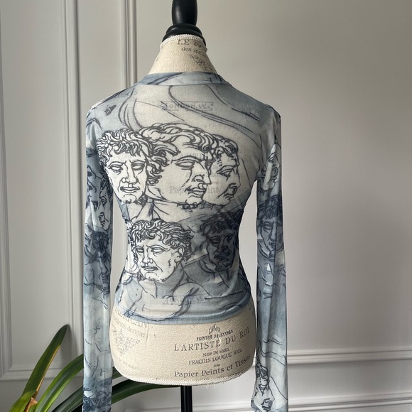 Blue mesh Sheer Artistic Print Long Sleeve Top - Picture 3 of 6